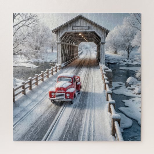 Puzzle Camion Rétro et Pont Couvert d'Hiver (Vertical)