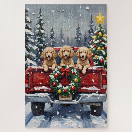 Puzzle Camion rouge de Noël Caniche Vacances (Vertical)