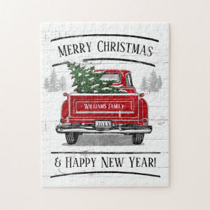 Puzzle Camion rouge vintage avec arbre de Noël Nom de fam