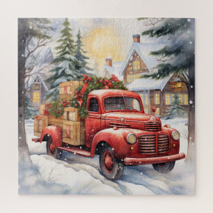 Puzzle Camionnette Rouge Vintage Noël Vacances Hiver Neig