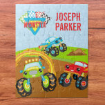 Puzzle Camions Monster Petit Garçon Coloré avec prénom<br><div class="desc">Ajoutez un peu de plaisir à la chambre de votre petit garçon avec ce mignon puzzle qui a trois camions monstres colorés. Il y a un camion monstre vert qui traverse un anneau de feu, un camion monstre rouge qui regarde, et un camion monstre bleu qui saute au-dessus d'un tas...</div>