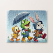 Puzzle Canard mignon, grenouille, lapin sous la pluie (Horizontal)