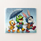 Puzzle Canard mignon, grenouille, lapin sous la pluie (Horizontal)