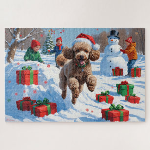 Puzzle Caniche courant dans la neige avec un chapeau de N