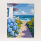 Puzzle Cape Cod Beach Path | Hydrangea Coastal Painting (Vertical)