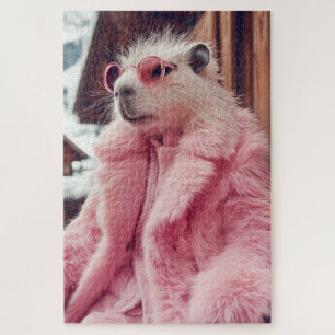 Puzzle Capybara élégant en fourrure rose et lunettes de s