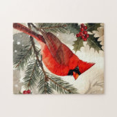Puzzle Cardinal à l'aquarelle sur branche de pin enneigée (Horizontal)