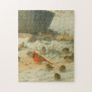 Puzzle Cardinal et moineaux aquarelle d'hiver