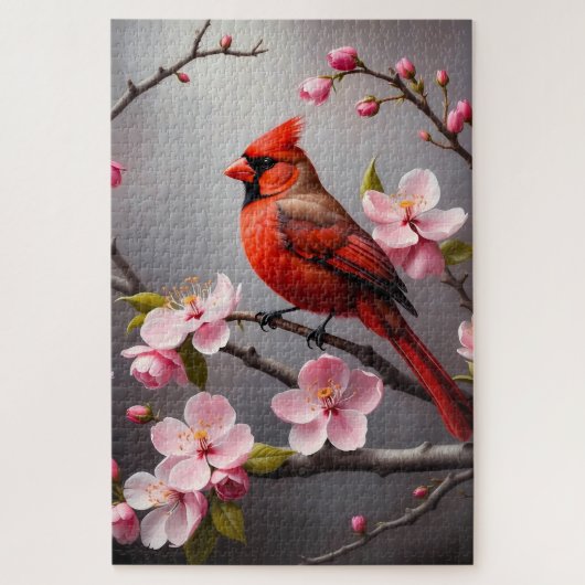 Puzzle Cardinal rouge avec oiseau à fleurs roses (Vertical)