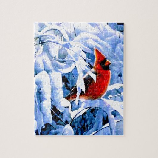 Puzzle Cardinal rouge dans la neige d'hiver (Vertical)