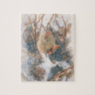 Puzzle Cardinal rouge femelle aquarelle d'hiver