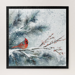 Puzzle Cardinal rouge sur branche de pin enneigée