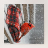 Puzzle Cardinal rouge sur une couverture écossaise enneig (Horizontal)