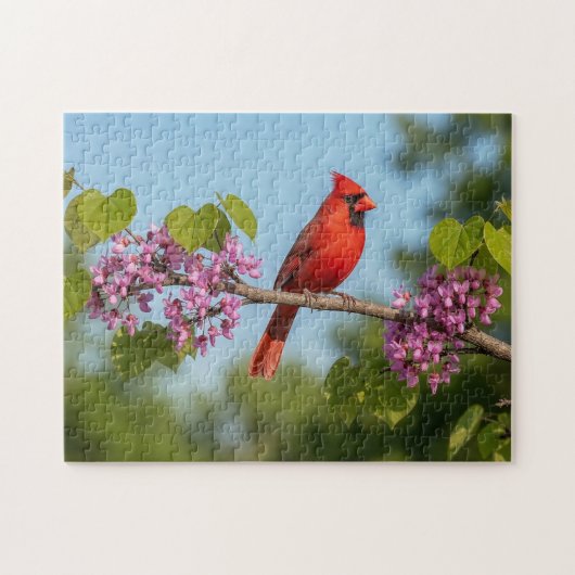 Puzzle Cardinal sur une branche de Redbud (Horizontal)