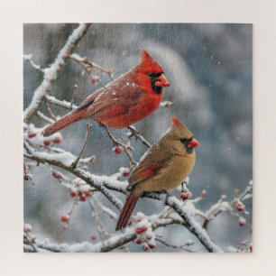 Puzzle Cardinaux sur une branche d'arbre en hiver