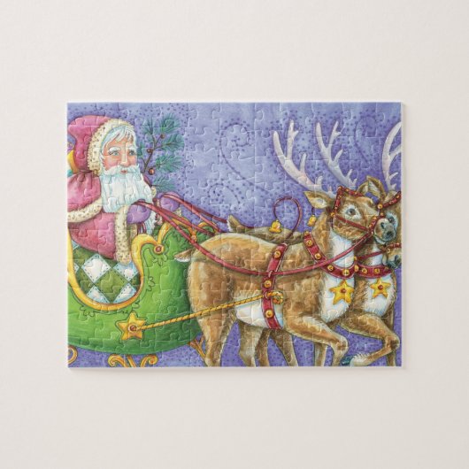Puzzle Caricature de Noël Santa Claus Sleigh Reindeer (Horizontal)