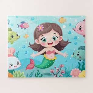 Puzzle caricature fille sirène dans la mer avec du poisso