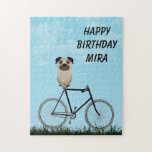 Puzzle Carlin Chien assis sur un vélo Vintage Anniversair<br><div class="desc">Chien de carlin sur mesure assis sur un puzzle de vélo vintage. Vous pouvez le customiser avec un nom ou un message.</div>
