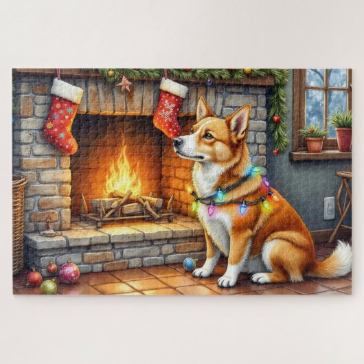 Puzzle Carolina Dog Fireplace with Christmas Lights (Horizontal)