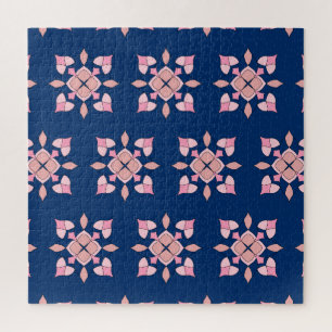 Puzzle Carreaux Floraux Géométriques Rose Pâle et Nuit