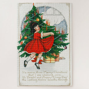 Puzzle Carte de Noël rétro, enfant et sapin de Noël