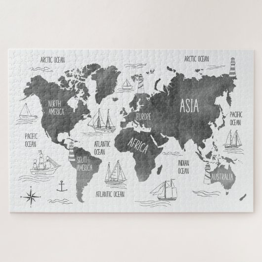 Puzzle Carte du monde Art noir blanc Nautique (Horizontal)
