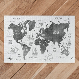 Puzzle Carte du monde artistique noir et blanc nautique