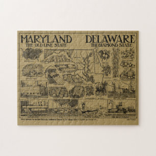 Puzzle Carte illustrative du Maryland vintage et du Delaw