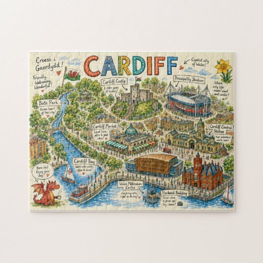 Puzzle Carte illustrée colorée de Cardiff (Horizontal)