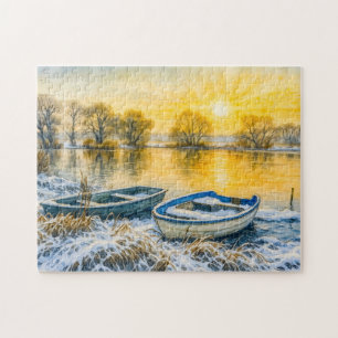Puzzle Casque Sunset boats au bord de la rivière aquarell