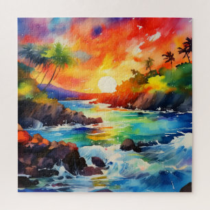 Puzzle casse-tête de la scène de l'aquarelle tropicale