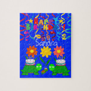 Puzzle Casse-tête Joyeux Anniversaire Tortues Floral