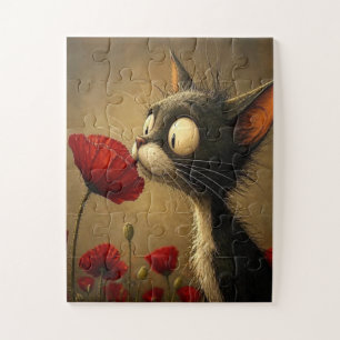 Puzzle Casse-têtes Chat Noir Mignon Fleur Rouge Floral