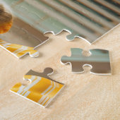 Puzzle Cat brushing teeth in striped pajamas bathroom (Côté)