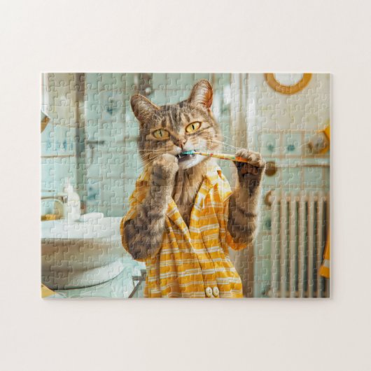 Puzzle Cat brushing teeth in striped pajamas bathroom (Horizontal)