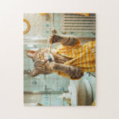 Puzzle Cat brushing teeth in striped pajamas bathroom (Vertical)