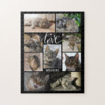 Puzzle Cat LOVE 9 Photo Collage Nom Personnalisé<br><div class="desc">Créez un puzzle photo de votre chat spécial à l'aide de ce modèle de collage photo facile à télécharger avec 9 images avec un script de typographie moderne titre LOVE accentué avec des whiskers et un nez de coeur rose personnalisé avec un nom ou un autre texte dans votre choix...</div>