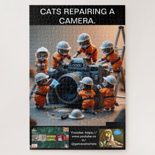Puzzle Cat puzzles, wearing uniforms, repairing a camera. (Vertical)