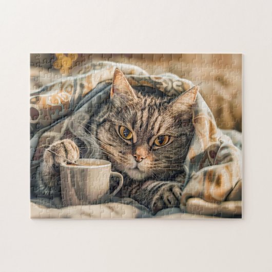 Puzzle Cat with coffee and book in cozy blanket (Horizontal)