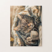 Puzzle Cat with coffee and book in cozy blanket (Vertical)