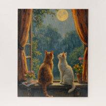 Cats looking at the moon and rain
