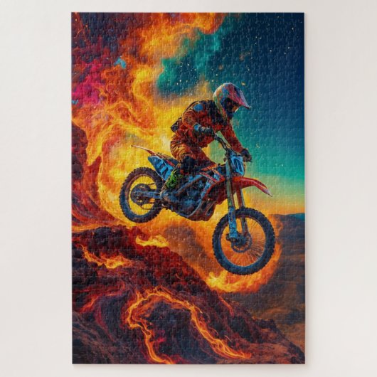 Puzzle Cavalier de motocross échappant aux flammes (Vertical)