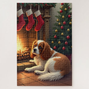 Puzzle Cavalier King Charles au coin du feu de Noël