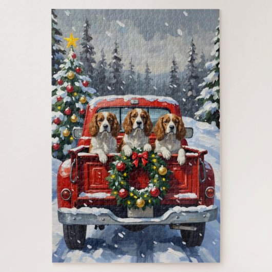 Puzzle Cavalier King Charles Spaniel Christmas Red Truck (Vertical)
