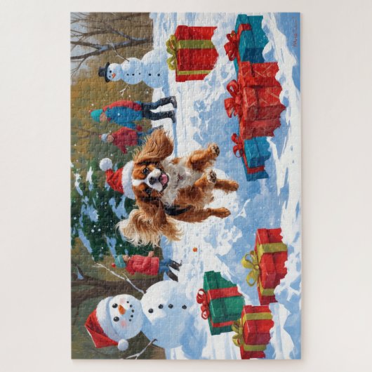 Puzzle Cavalier King Charles Spaniel Neige avec Noël (Vertical)