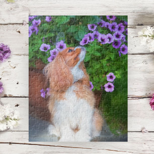 Puzzle Cavalier King Charles Spaniel sentant les pétunias