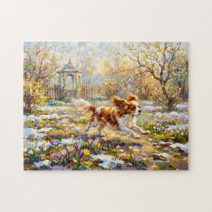 Puzzle Cavalier Spaniel dans un jardin printanier en fleu