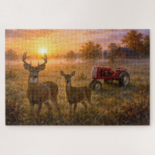 Puzzle Cerf à queue blanche avec tracteur agricole rouge