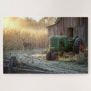 Puzzle Cerf avec tracteur vert vintage et grange