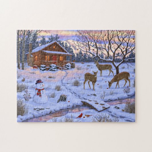 Puzzle Cerf Cabine D'Hiver Dans La Scène De Noël De Neige (Horizontal)